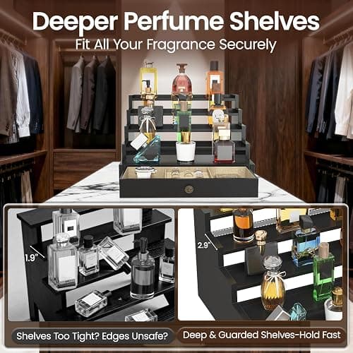 MODOWEY Perfume Organizer Cologne Holder Stand for Men, Wooden Wide-Spaced Shelf with Drawer, 5 Tier Large Capacity Storage Rack for Dresser Countertop, for a Neat, Accessible Fragrance Display, Black thumbnail 5