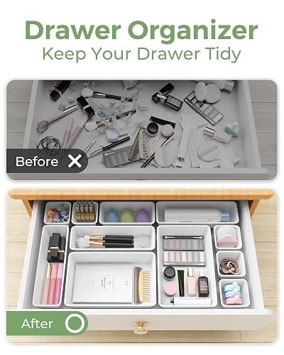 BiuLeon 25 PCS Plastic Drawer Organizers Set, 4-Sizes Vanity and Makeup Organizer, Desk and bathroom Drawer Organizer Trays, Organizers and Storage for Makeup, Jewelry, Gadgets, Utensils (White) thumbnail 5