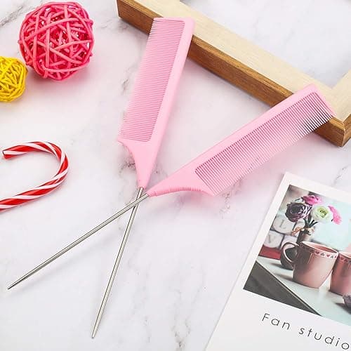 3 Packs 9 Inch Rat Tail Comb Carbon Fiber Heat Resistant Teasing Comb with Metal Pick Styling Parting Lightweight Sectioning Fine Tooth Combs for Women Girls - Pink thumbnail 5