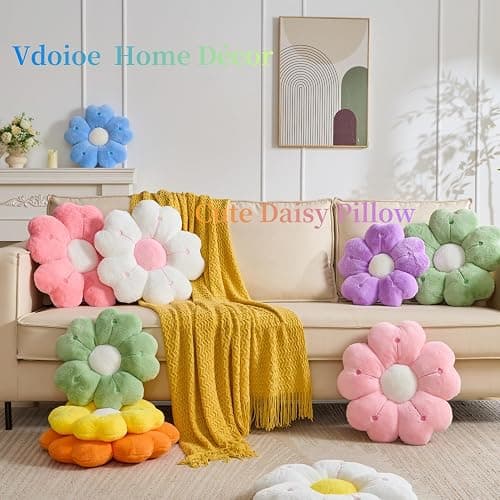 Flower Throw Pillow, Cute Daisy Cherry Blossom Flower Shaped Throw Pillow 15.7In White Floor Cushion for Home Bedroom Sofa Chair Couch Decor thumbnail 3