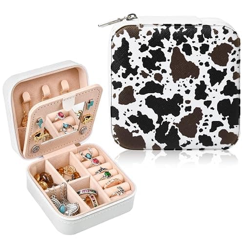 Western Jewelry Box Case Black Brown Cowhide Print Travel Jewelry Organizer Christmas Gifts for Women Country Girls Cowgirl Stuff Small Portable Travel Accessories for Women -White Cowhide - Image 1
