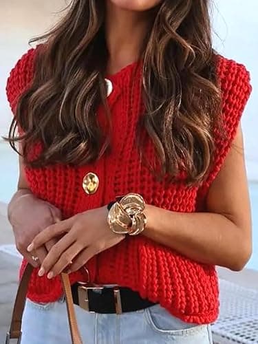 KEOMUD Women's Sleeveless Cropped Knit Cardigan 2025 Casual Button Down Crochet Sweater Vest Tops with Pockets thumbnail 3