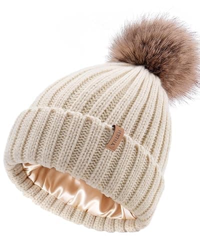 FURTALK Womens Winter Beanie Hat Satin Lined Faux Fur Pom Pom Beanies Hat for Women Winter Warm Knit Hats - Image 1