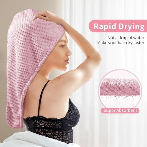 my novel things 3 Pack Microfiber Hair Towel Wrap for Curly Hair Women | 25.4" x 9.8" Super Absorbent Quick Dry with Button for Hair Anti Frizz, Gift for Women Girls (Pink,White,Purple) thumbnail 6