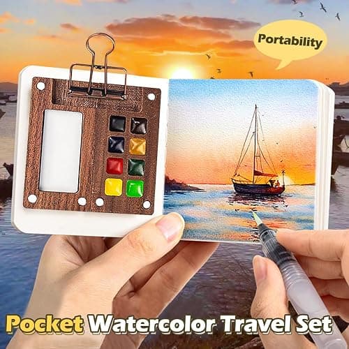 Pocket Artist Watercolor Travel Set, Travel Paint Palette, Wooden Paint Palette Travel Kit, Mini Portable Watercolor Palette with Clip for Artists Painters Students (12 Colors 8 Grid Set) thumbnail 6