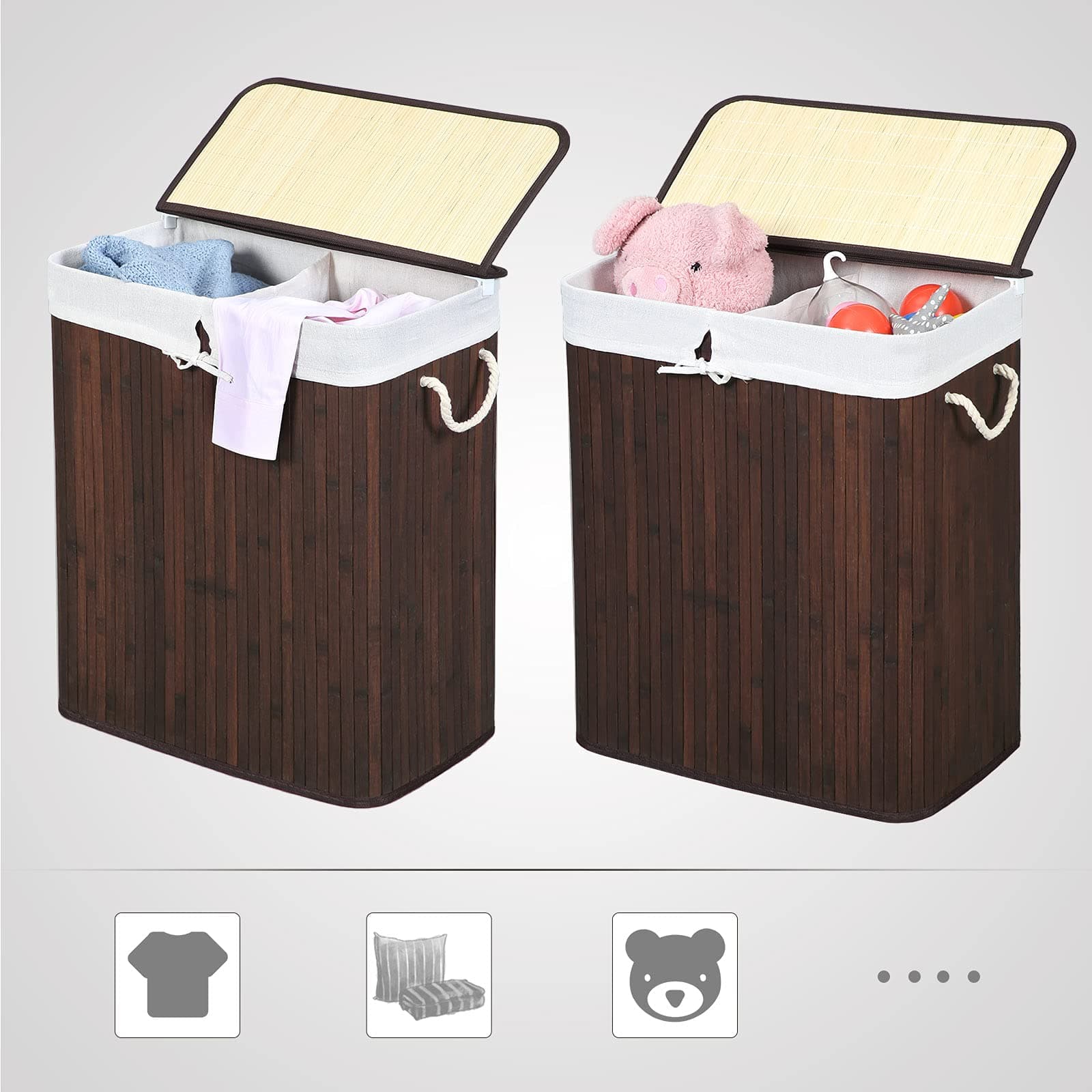 SONGMICS bamboo laundry basket, laundry bin with 2 compartments, laundry sorter with lid and removable laundry bag, cotton handles, 100 L laundry box, brown LCB72Z thumbnail 6