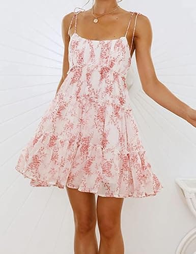 Mansy Womens 2025 Summer Floral Mini Dress Boho Flowy Skater Dresses Short Sleeveless Ruffle Spaghetti Strap Dress thumbnail 3