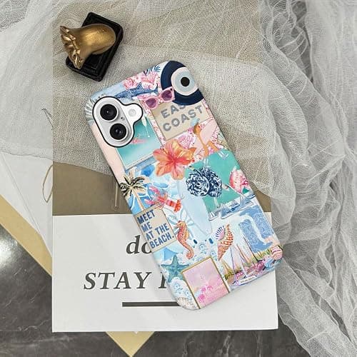 Generic Case Compatible with iPhone 16 Plus,Scratch Resistant Hybrid 2-Layer Hard Shell Phone Case,Seashells Beach Summer Jellyfish Collage thumbnail 6