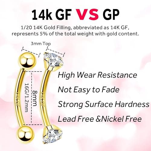 ALACLO 2 Pcs 14k Gold Filled Eyebrow Rings, 16G Threaded Rook Piercing Jewelry, Surgical Steel Vertical Lip Labret Belly Tongue Ring Daith Earring Curved Barbells thumbnail 4