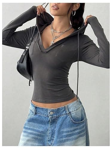 GORGLITTER Women's Long Sleeve Cropped Hoodies Long SLeeve V Neck Slim Fit Hooded Sweatshirt thumbnail 5