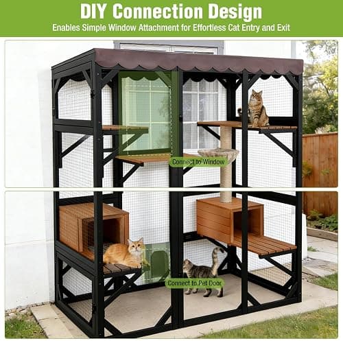 GUTINNEEN 71" Large Wooden Catio Outdoor Cat Enclosure with Scratching Posts, Walk-in Cat House with 6 Platforms & 2 Resting Boxes, Window Access, Weatherproof Roof for 2-6 Cats-Black thumbnail 7