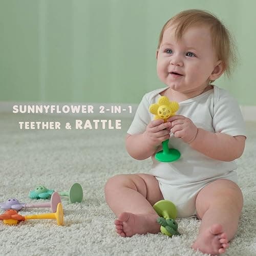 Baby Teething Toys and Rattle 2-in-1 for Babies 0-6 6-12 Months, Food Grade Silicone Teethers for Baies 3-6 Months, Infant Teething Relief Chew Toys, Sunnyflower Teether Toy BPA Free - Green thumbnail 2