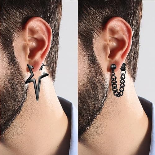 16 Pairs Stainless Steel Punk Y2K Black Dangle Earrings for Men, Axe Skull Screw Cone etc Huggie Hoop Long Chain Piercing Hoop Earrings Set for Unisex Earrings for Women thumbnail 6