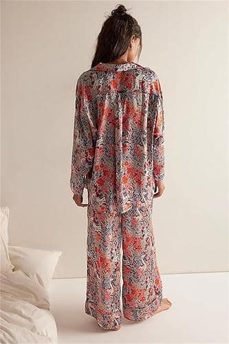 NEVUQO Womens Silk Satin Floral Pjs Set Aesthetic Print Lounge 2 Piece Long Sleeve Pajamas Wide Leg Pants Sleepwear Party thumbnail 4