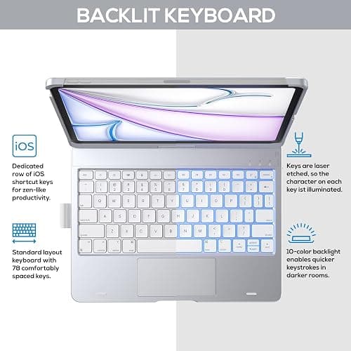 typecase Touch Keyboard Case for iPad Air 11"(M4/M3/M2, 2026/2025/2024) & Pro 11(Gen 1-4), Air 5/4 – 360° Rotatable, 11-Color Backlit, Multi-Touch Trackpad, Pencil Holder, Thin & Light, Silver thumbnail 6