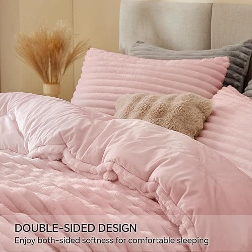BEDELITE Fleece Queen Comforter Set, Fluffy Bed Set, Pink | Super Soft & Warm Bedding, Luxury Fuzzy Faux Fur Comforter for Winter, Heavy Plush Bedding, with 2 Pillowcases thumbnail 4