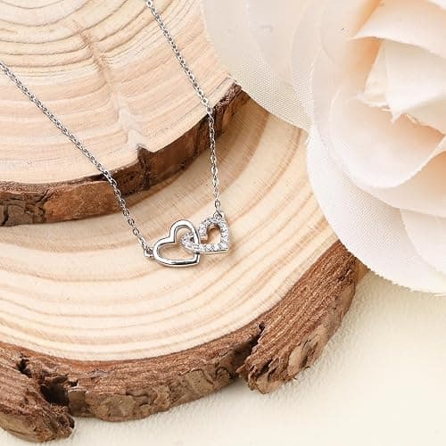Desnuage Tiny Double Heart Necklace Small Sterling Silver Cubic Zirconia Cute Dainty Love Pendant Heart Necklace for Women thumbnail 6