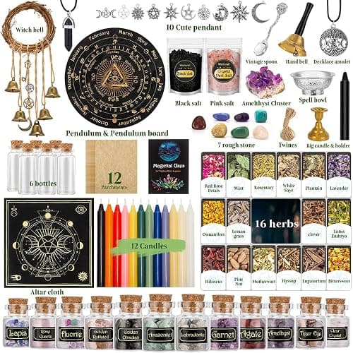 TigeJoy All in One Witchcraft Supplies Witch Stuff Spell Kit 88 PCS, Wiccan Supplies and Tools, Include Herb Crystal Candle Amethyst Pendulum, Witch Gift Wiccan Starter Kit Altar Supplies Pagan Decor thumbnail 2