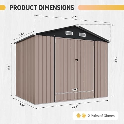 Aoxun 7.4x5.3FT Shed with Floor Galvanized Steel Outdoor Storage Shed Metal Garden Shed with Double Doors, 15mm Moisture-Proof Floor & Ventilation, Sloped Roof for Bike/Generator/Tool Storage (Brown) thumbnail 2