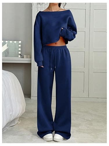 SOLY HUX Women's 2 Piece Outfits Fall Sweatsuits Off The Shoulder Crop Top Wide Leg Sweatpants Casual Matching Lounge Sets thumbnail 3