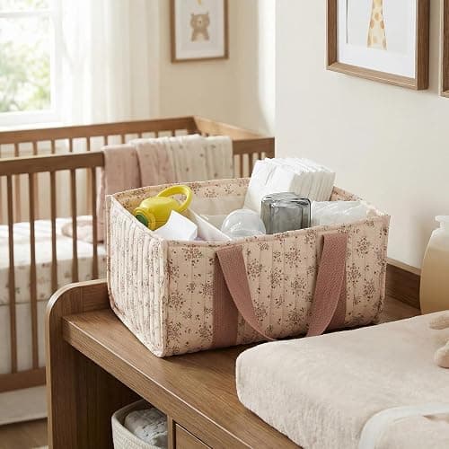 Floral Diaper Caddy Organizer with Handle Stylish Nursery Storage Basket with Removable Partition Babies Shower Gifts Basket for Boy and Girl (Daisy Pink) thumbnail 6