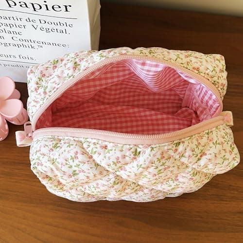 ZUNUONUO Cotton Quilted Makeup Bag Coquette Accessories Make up Bag Organizer Cute Floral Cosmetic Pouch Travel Makeup Bag for Women (Little Roses) thumbnail 5