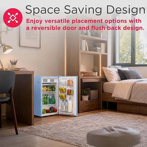 Frigidaire Retro Compact Fridge with Chiller, 3.2 cu ft Countertop Fridge with Built-In Bottle Opener, Compact Refrigerator for Office, Bedroom, Dorm Room or Cabin - 16.5" D x 19" W x 31" H (Blue) thumbnail 7