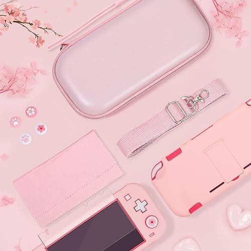BRHE Pink Travel Carrying Case Accessories Kit for Switch Lite, Hard Protective Cover Skin Shell with Stand, Glass Screen Protector, Thumb Grip Caps 9 in 1 thumbnail 5