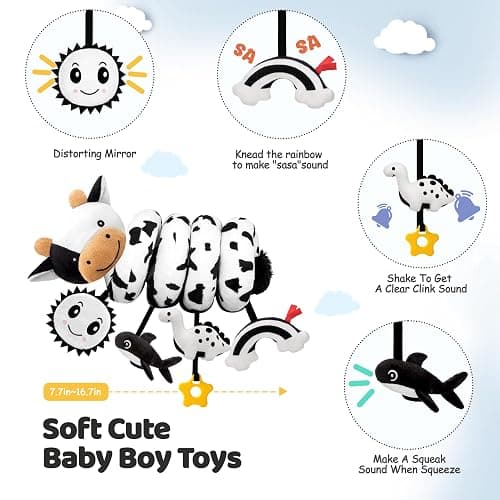 Spiral Car Seat Baby Toys 0-6 Months, Infant Carseat High Contrast Sensory Toys Hanging Stroller Accessories, Newborn Shower Gifts for Baby Boys Essentials Stuff, Cute Black and White Cow thumbnail 5