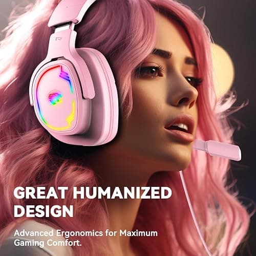 Jimonyer Gaming Headset for PC/PS4/PS5/Xbox One/Switch, Stereo Surround Sound Gaming Headphones with Noise Canceling Flexible Mic, Computer Headset with 3.5mm Jack & RGB Light (Pink) thumbnail 8