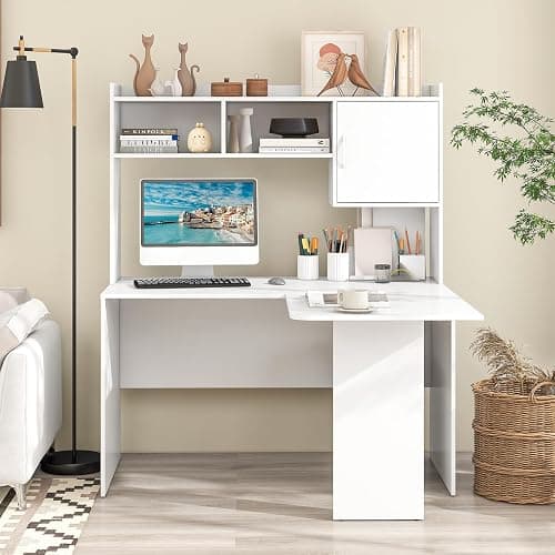 Giantex L Shaped Desk with Hutch, White Corner Desk with Storage Shelf & Cabinet, Laptop PC Table Gaming Computer Table Workstation, Modern Executive Study Writing Desk for Home Office, Bedroom thumbnail 8