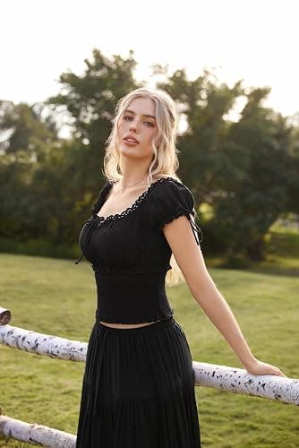 SCARLET DARKNESS Women Renaissance Cotton Short Sleeve Square Neck Top Smocked Waist U-Back Ruffled Cuff Blouses thumbnail 3