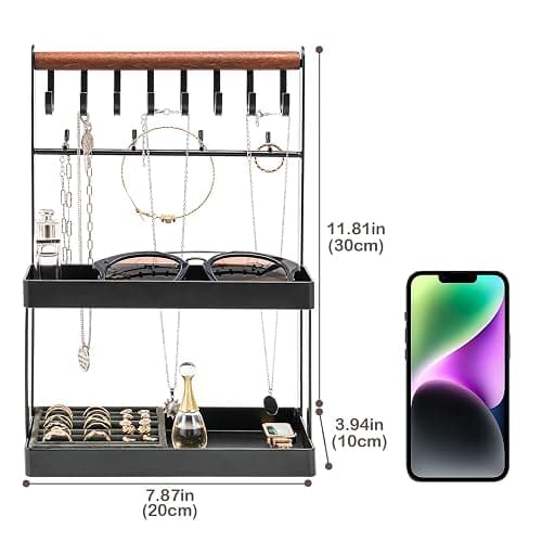 Lolalet 4-Tier Jewelry Organizer, Cute Necklace Holder Stand with 12 Hooks for Teen Girl Aesthetic Room Bedroom Decor -Black thumbnail 3