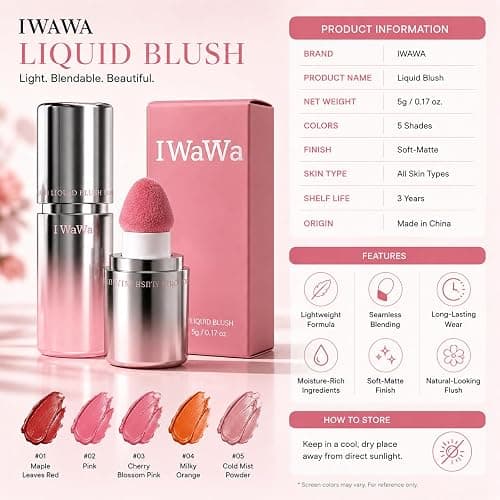 IWAWA Liquid Blush, IWAWA Puffy Liquid Blush – Jelly Texture Cream Blush with Sponge Tip, Matte Nude Buildable Blusher, Lightweight & Silky Feel, Natural Radiant Finish (03 Pink cherry blossoms) thumbnail 9