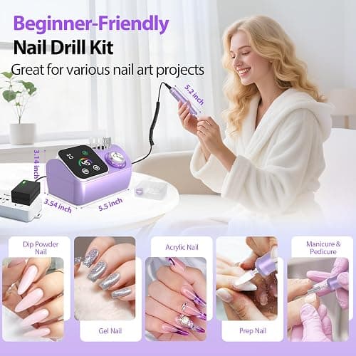 PYVOLA Professional Electric Nail Drill E-File Machine - 45,000 RPM Corded Nail Drills Kit with Low Noise & LED Display for Shaping, Removing & Polishing Acrylic Gel Nails for Salon Home thumbnail 6
