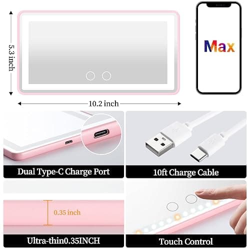 Car Sun Visor Vanity Mirror with Lights, Pink Rechargeable Car Makeup Mirror Accessories, Birthday Gifts for Women Girl, 3 Light Modes, Dimmable Touch Led Screen, Universal for Car Truck thumbnail 4