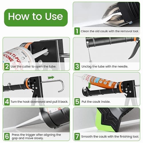 Professional Caulk Gun Kit with Caulk Remover & Silicone Sealant - 5 in 1 Caulking Tool Set for Caulking Removal, Includes Caulking Gun Tool, Silicone Scraper thumbnail 9