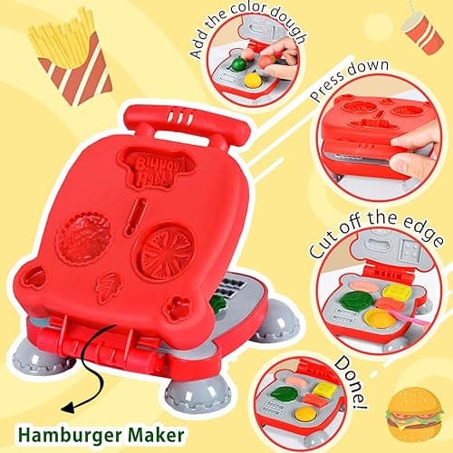 Crelloci 3 in 1 Play Color Dough Kitchen Creations Set, Ice Cream Noodle Hamburger Maker Machine, Art Crafts Food Toys Modelling Clay Set, Deluxe Dough Tools Kit for Kids Ages 3+ (12 Colors Dough) thumbnail 5
