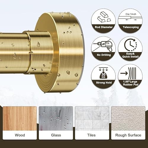 YNL Shower Curtain Rod 34-82 Inches, Non-Slip, Never Rust, No Drill Tension Curtain Rod for Bathroom & Window Stainless Steel Shower Rod, Brushed Gold thumbnail 7