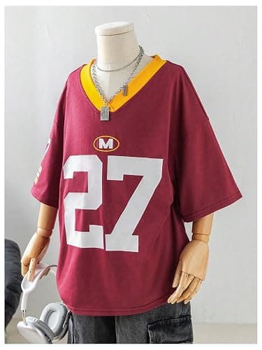 SOLY HUX Girl's Number Graphic Oversized Jersey Shirts V Neck Half Sleeve Y2k Tee Tops - 10 Years - Burgundy Number thumbnail 3