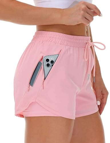 Mancreda Women's Running Shorts with Liner 3 Zipper Pockets Elastic Workout Athletic Gym Yoga Shorts - Image 1