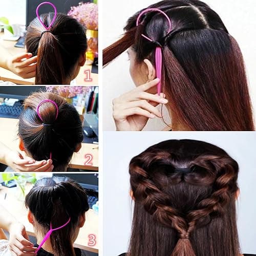 Aigee 6pcs Topsy Tail and Hair Loop Styling Tool Set - Ponytail Makers, French Braid Loops in Large and Small, Hair Pull Through Tools (Pink, Blue, Purple) for Women and Girls thumbnail 7