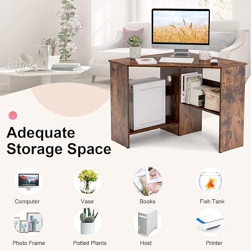 Tangkula Corner Desk, 90 Degrees Triangle Computer Desk for Small Space, Bedroom Makeup Vanity Desk with Storage Shelves & CPU Stand, Space Saving thumbnail 8