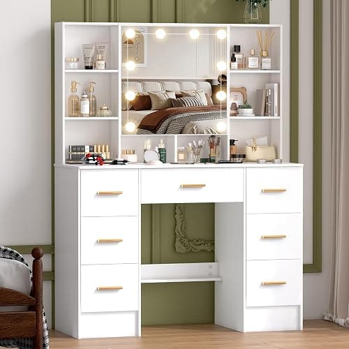 Umeiga Vanity Desk with Mirror and Lights, Large Makeup Vanity Table Set with Drawers, White Vanity with Lighted Mirror for Bedroom, Dressing Table for Teen Girls and Adult Women H3240 thumbnail 3