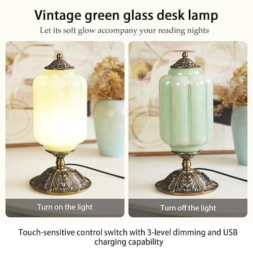 Milk Glass Touch Table Lamp, Elegant Green Jadeite Glass Bedside Desk Lamp 3 Way Dimmable with USB C+A Charging Ports - Bedroom Nightstand & Living Room Essential, 4W Bulb Included (Green, 6.5) thumbnail 2