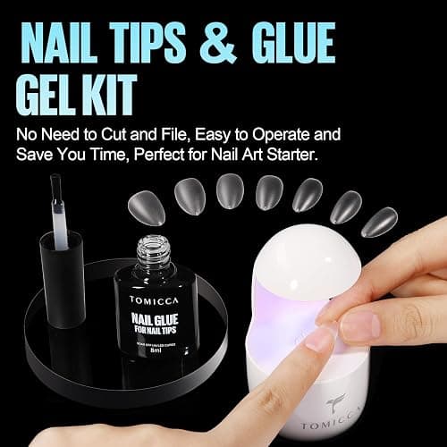 TOMICCA Short Almond Matte Nail Tips & Nail Glue Kit, 150 pcs Full Coverage Soft Gel Nail Tips, No File, 8ml Nail Glue Soak off UV Lamp, Nail Tip Glue Set for Quick Nail Salon thumbnail 2