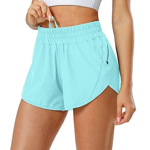 Aurefin Athletic Shorts for Women,Women's Quick Dry Workout Sports Active Running Track Shorts with Elastic and Zip Pockets - Regular Fit - Small - Light Blue