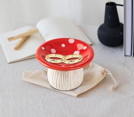 dgudgu Mushroom Ring Holder Jewelry Tray Red Dish Ceramic Trinket Storage Jar Mini Engagement Ring Holder thumbnail 5