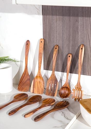 Nucookery Wooden Cooking Utensils Set with Holder, Teak Wood Utensils, Ceramic Holder for Countertop with Protection Cork Bottom, Nonstick Spoons, Cooking Spatula Set, 10 Pcs Kitchen Decor, (Sand) - Wood 10pcs - Sand (wood ) thumbnail 9