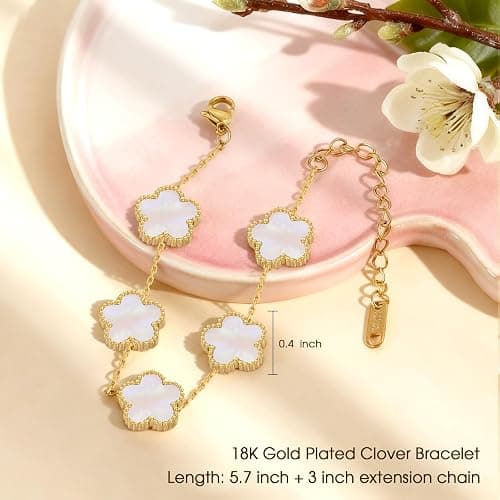 MIFKUD Four Leaf Clover Bracelet for Women 18K Gold Plated Bracelets White/Gold/Black/Blue/Pink Flower Leaf Link Clover Bracelet Lucky Clover Gold Bracelet Trendy Jewelry Birthday Gifts for Women thumbnail 2